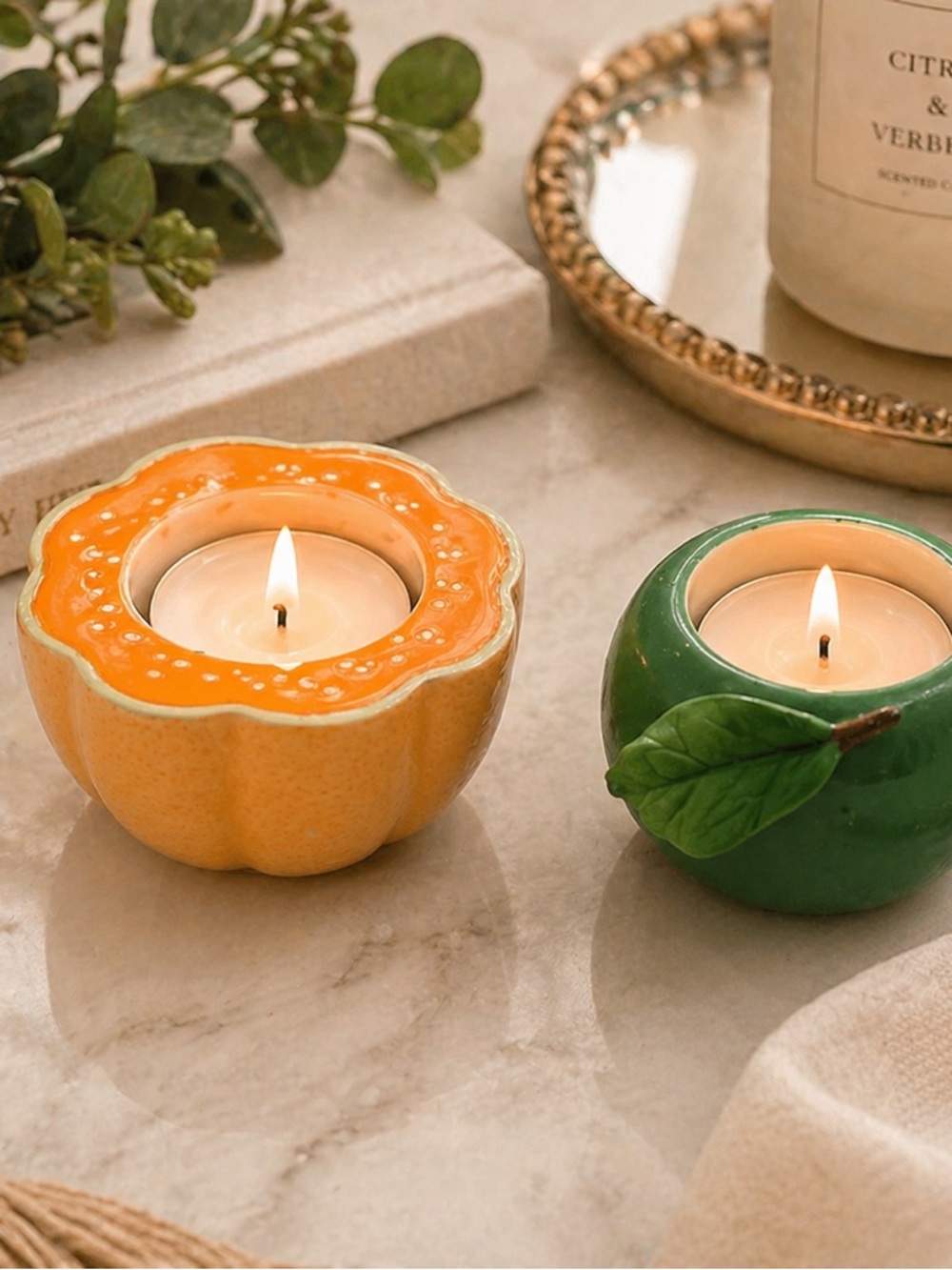 Partylite Fruit Tealight Holders Set of 2 | Apple & Citrus Ceramic
